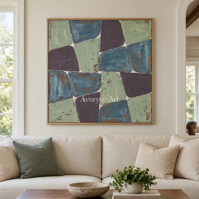 Soft Interval block relief wall art with a wood frame in a villa living space