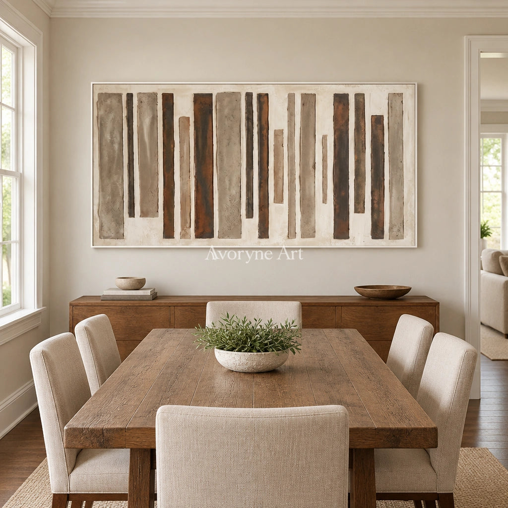 Soft Echo block relief wall art with a white frame in a dining room