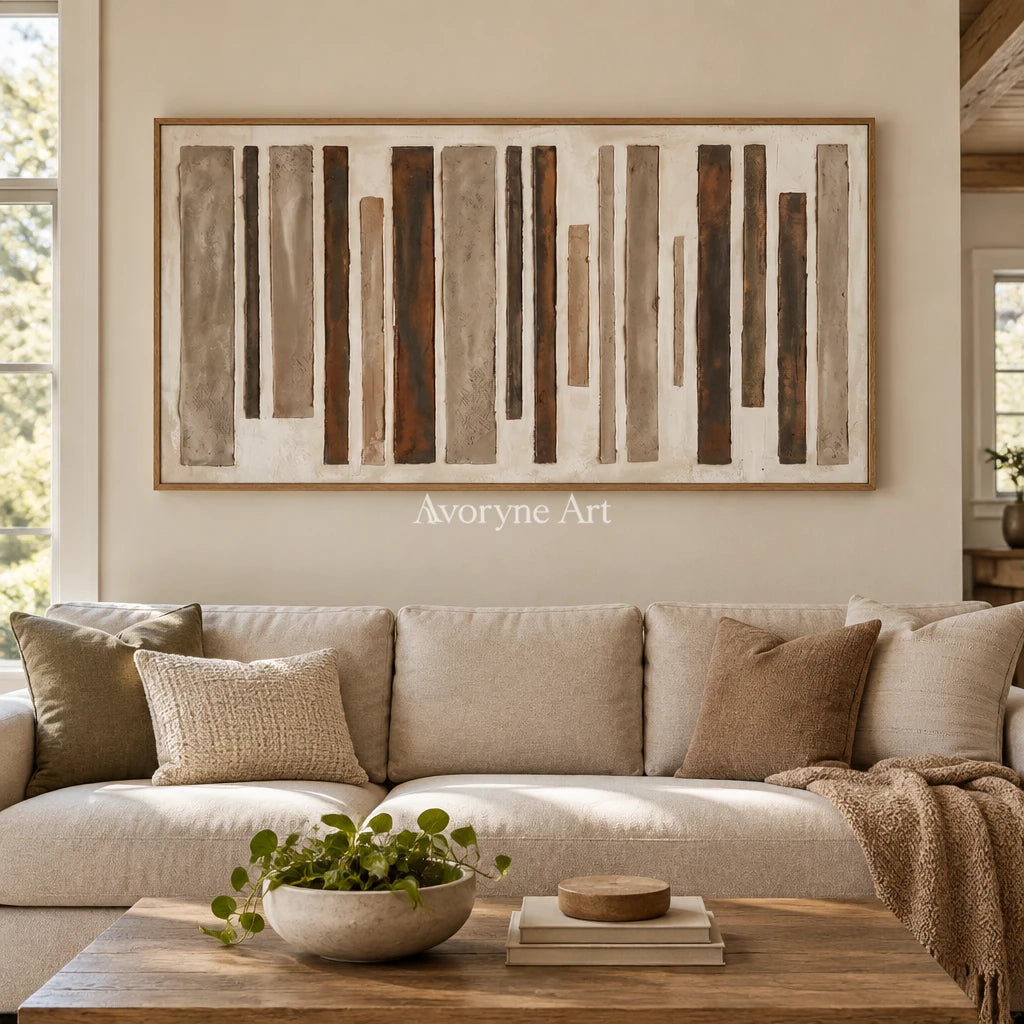 Soft Echo block relief wall art with a wood frame in a villa living space