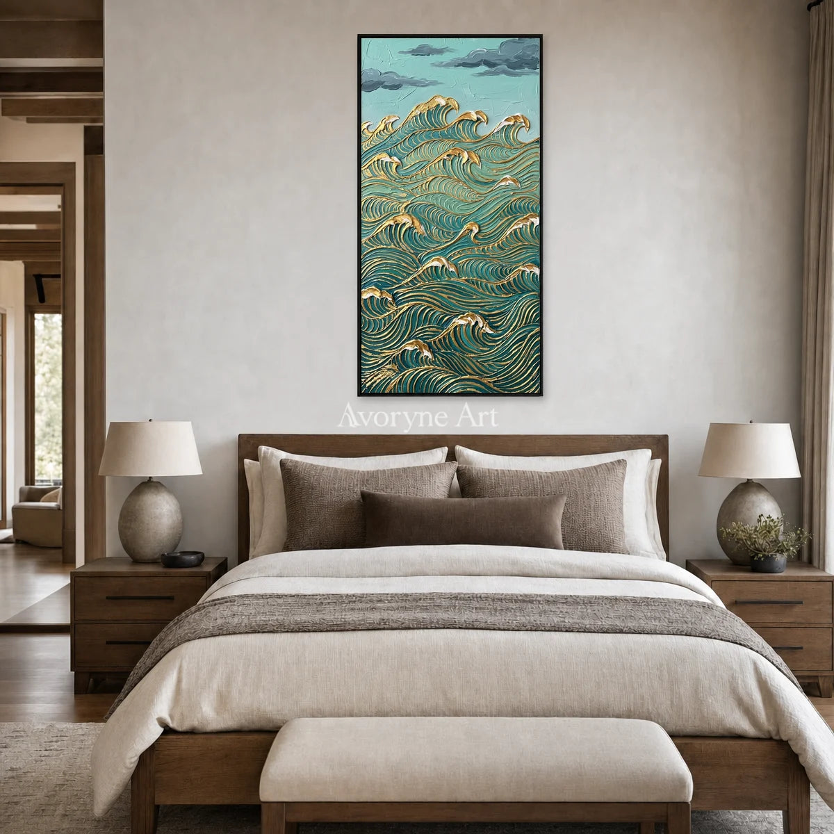 Jade Current: Blue and Gold Wave Vertical Wall Art — bedroom black