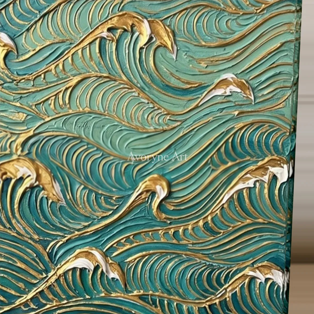 Jade Current: Blue and Gold Wave Vertical Wall Art — detail easel