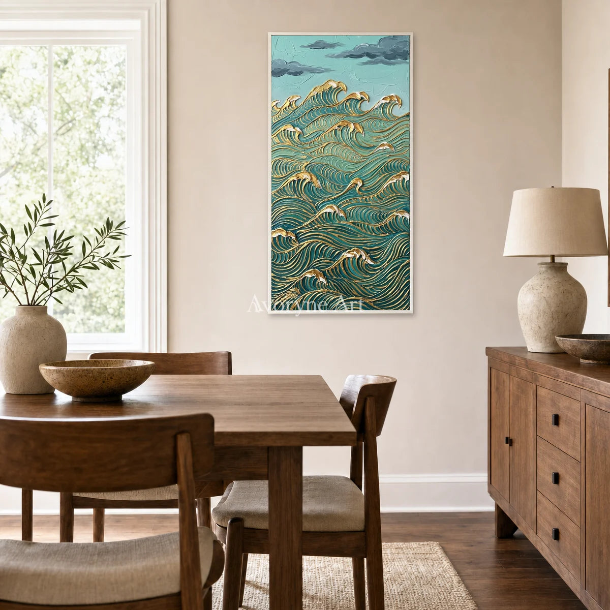 Jade Current: Blue and Gold Wave Vertical Wall Art — dining white