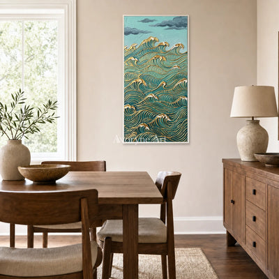 Jade Current: Blue and Gold Wave Vertical Wall Art — dining white