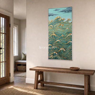 Jade Current: Blue and Gold Wave Vertical Wall Art — entry silver