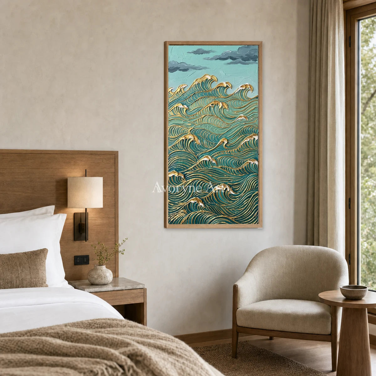 Jade Current: Blue and Gold Wave Vertical Wall Art — hotel wood