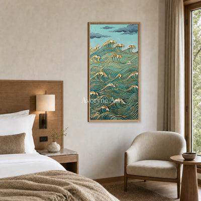 Jade Current: Blue and Gold Wave Vertical Wall Art — hotel wood