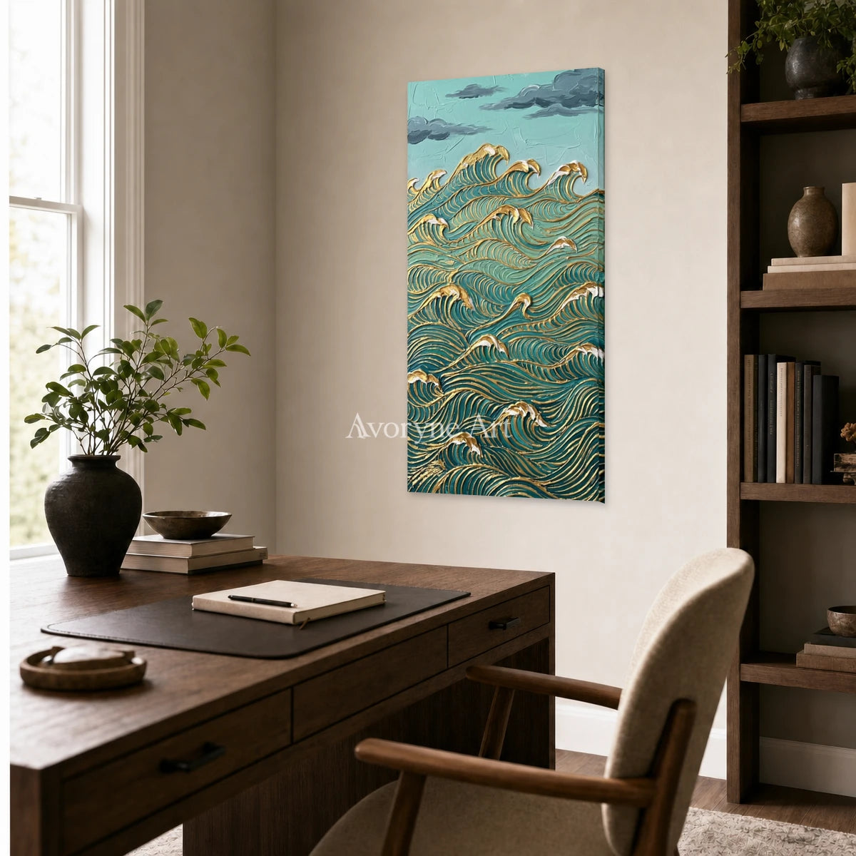 Jade Current: Blue and Gold Wave Vertical Wall Art — office frameless