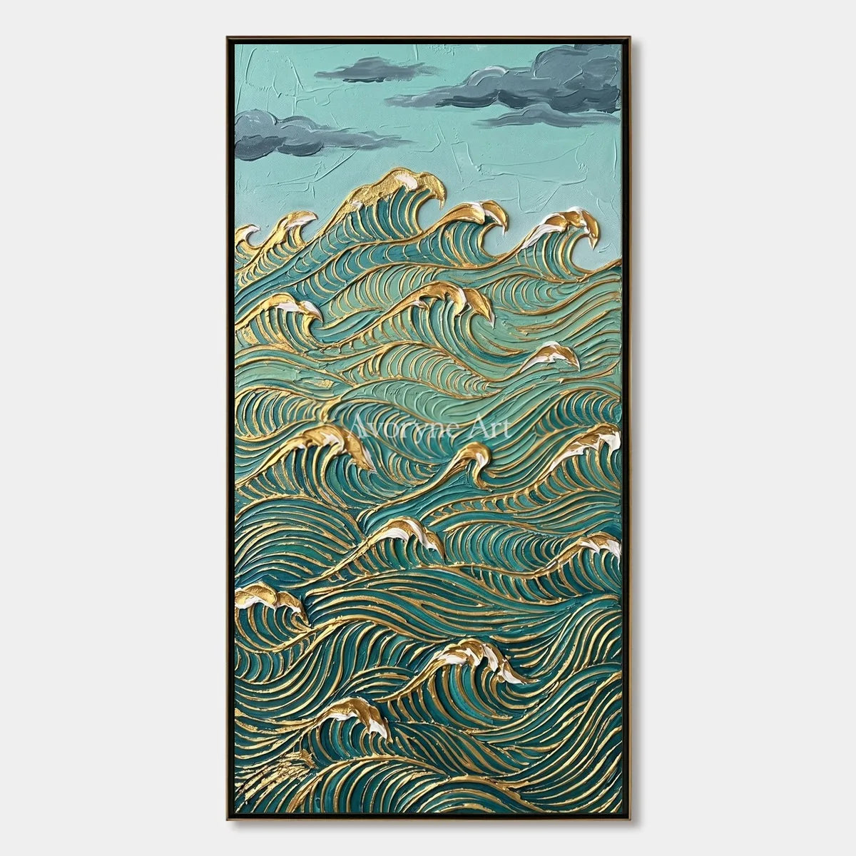 Jade Current: Blue and Gold Wave Vertical Wall Art — primary