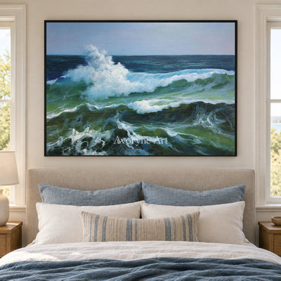 Foam at the Break: Blue and Green Breaking Wave Wall Art — bedroom black