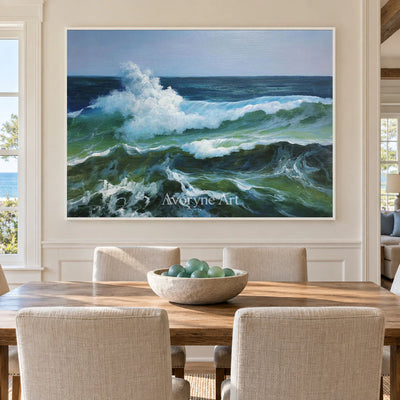 Foam at the Break: Blue and Green Breaking Wave Wall Art — dining white