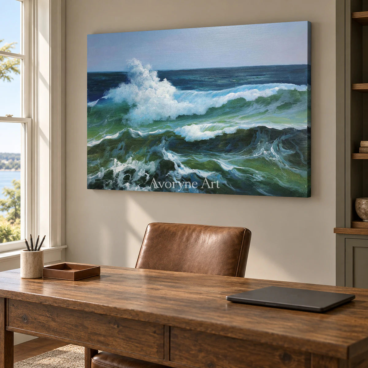 Foam at the Break: Blue and Green Breaking Wave Wall Art — office frameless