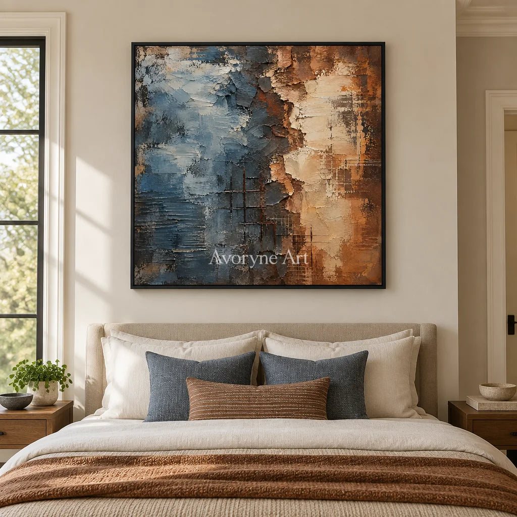 Weathered Tide: Blue Brown Textured Abstract Art — bedroom black