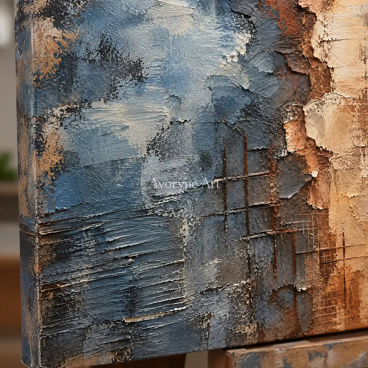 Weathered Tide: Blue Brown Textured Abstract Art — detail easel