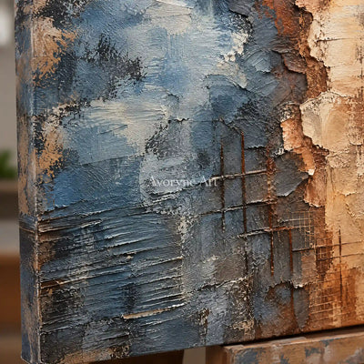 Weathered Tide: Blue Brown Textured Abstract Art — detail easel