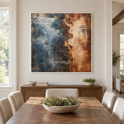 Weathered Tide: Blue Brown Textured Abstract Art — dining white