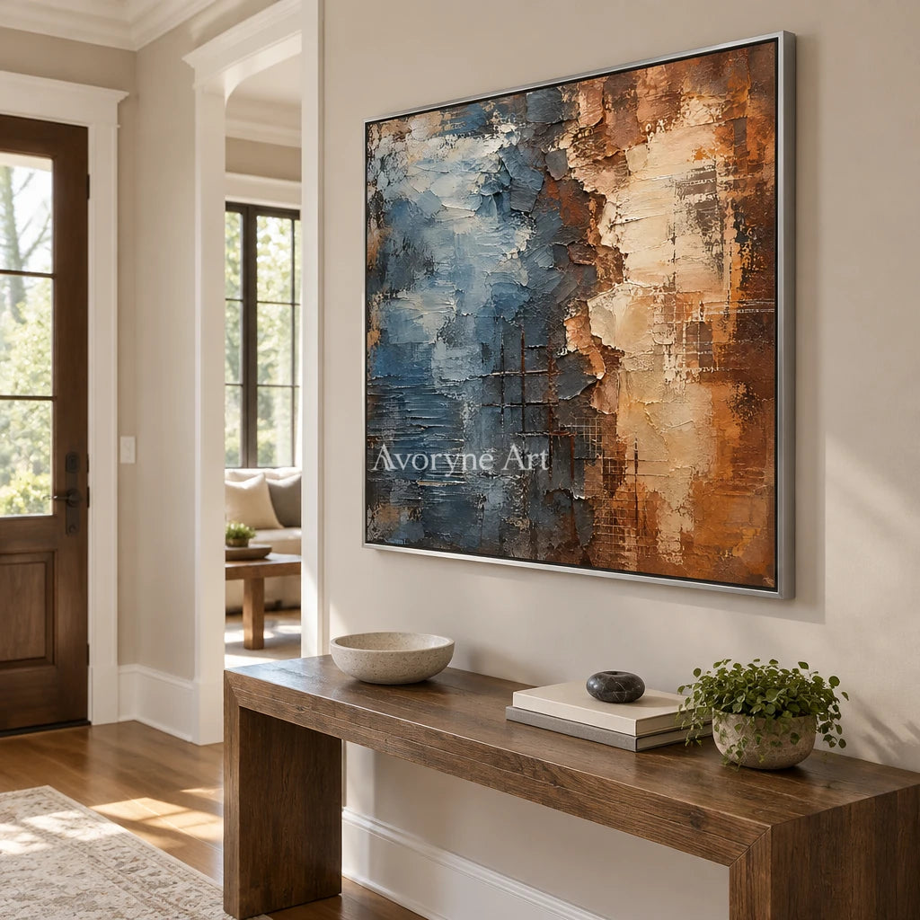 Weathered Tide: Blue Brown Textured Abstract Art — entry silver