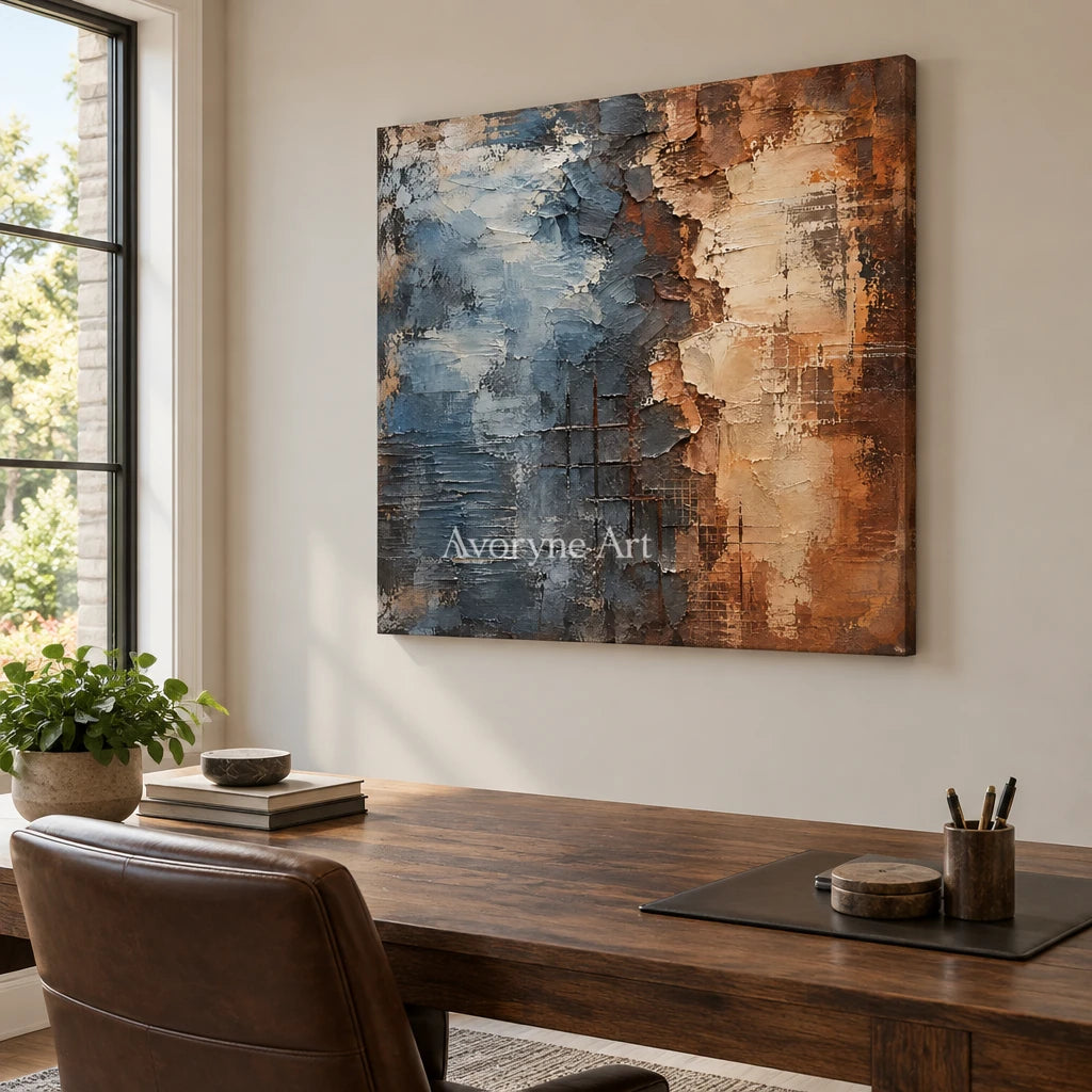 Weathered Tide: Blue Brown Textured Abstract Art — office frameless