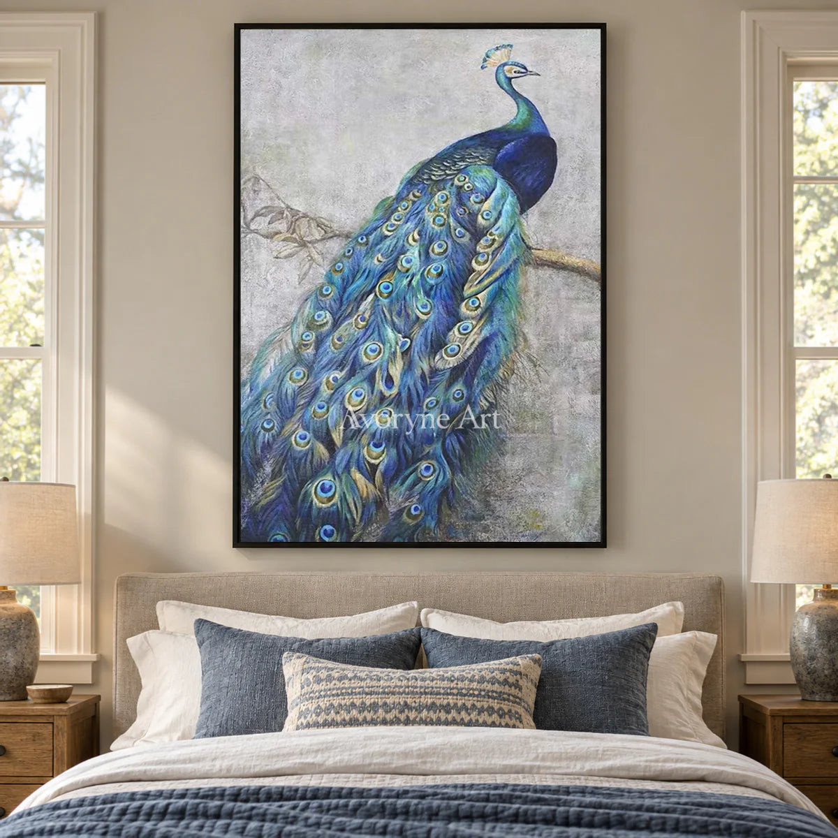 A Peacock's Passage: Blue Chinoiserie Peacock Wall Art — bedroom black