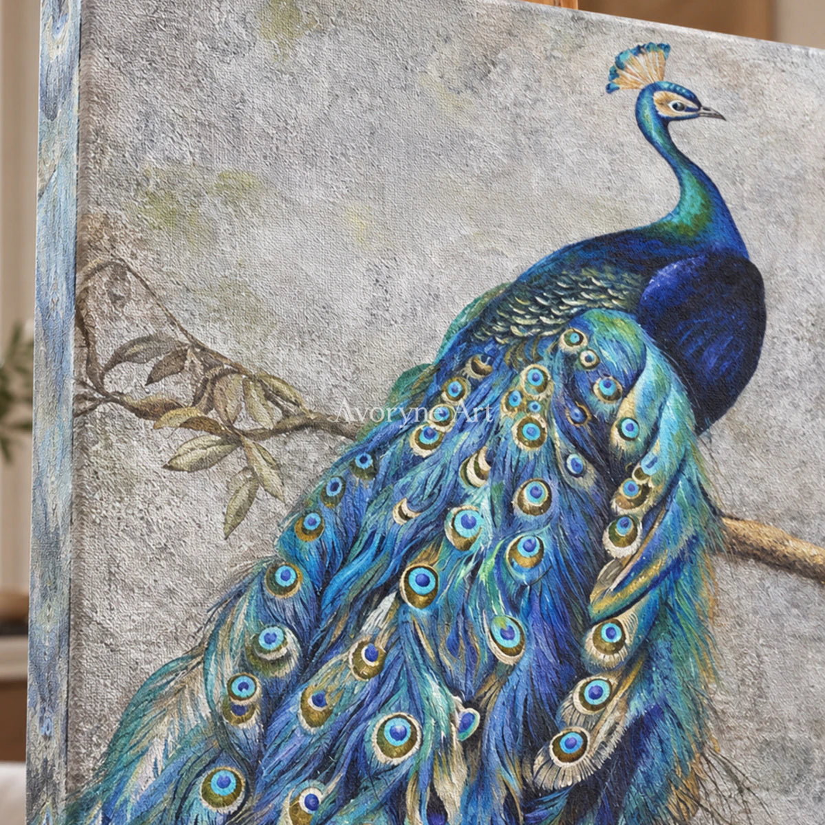 A Peacock's Passage: Blue Chinoiserie Peacock Wall Art — detail easel