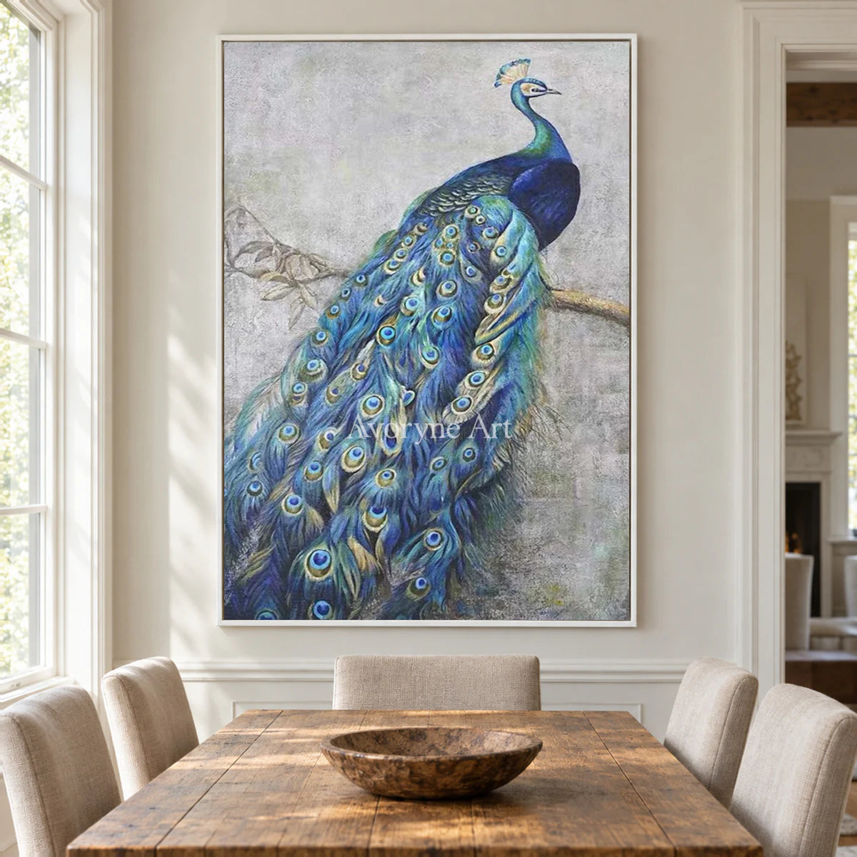 A Peacock's Passage: Blue Chinoiserie Peacock Wall Art — dining white