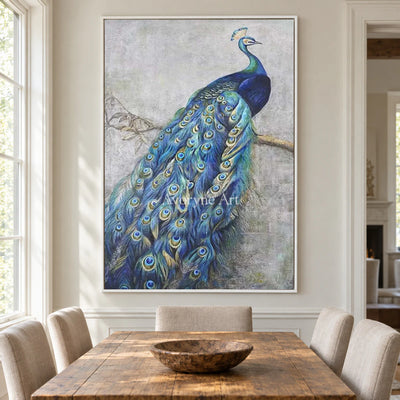 A Peacock's Passage: Blue Chinoiserie Peacock Wall Art — dining white