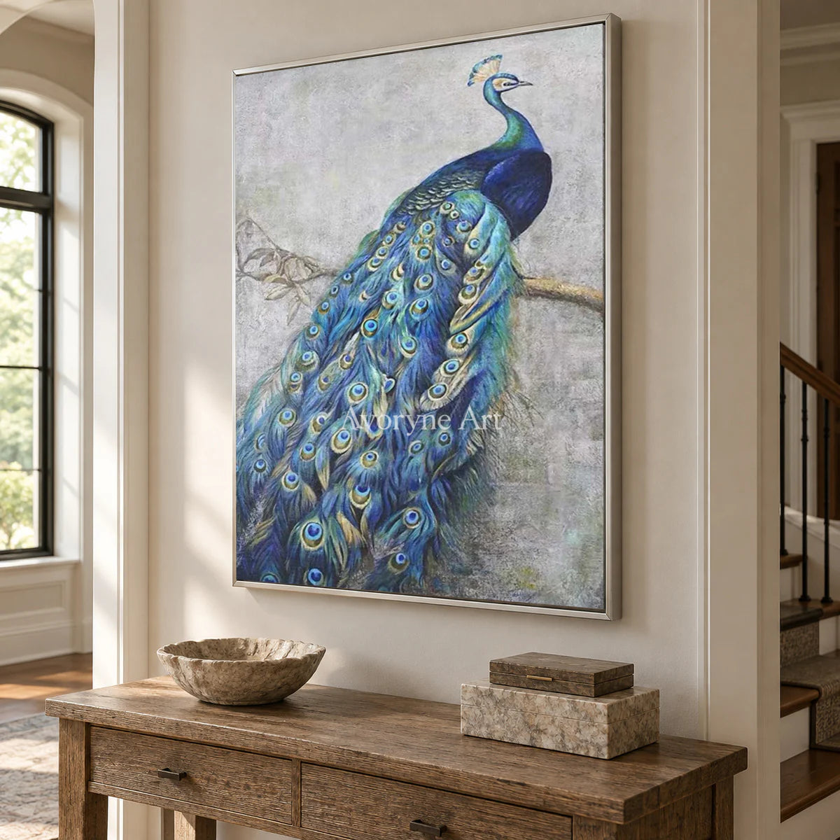 A Peacock's Passage: Blue Chinoiserie Peacock Wall Art — entry silver