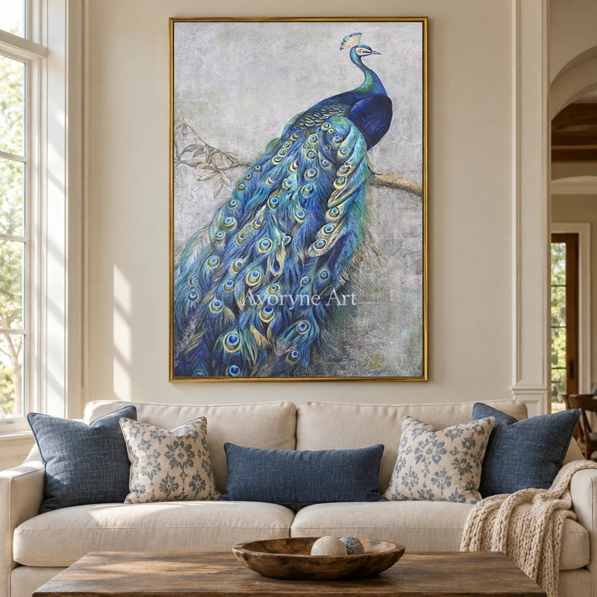 A Peacock's Passage: Blue Chinoiserie Peacock Wall Art — living gold