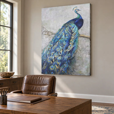 A Peacock's Passage: Blue Chinoiserie Peacock Wall Art — office frameless