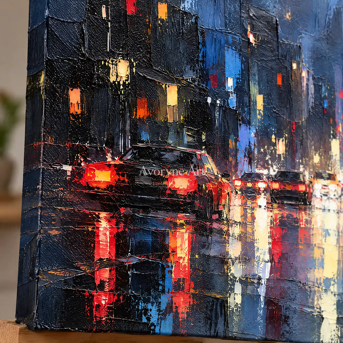 Midnight Reflections: Blue Cityscape Textured Art — detail easel