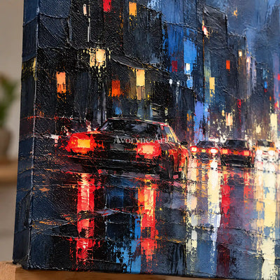 Midnight Reflections: Blue Cityscape Textured Art — detail easel