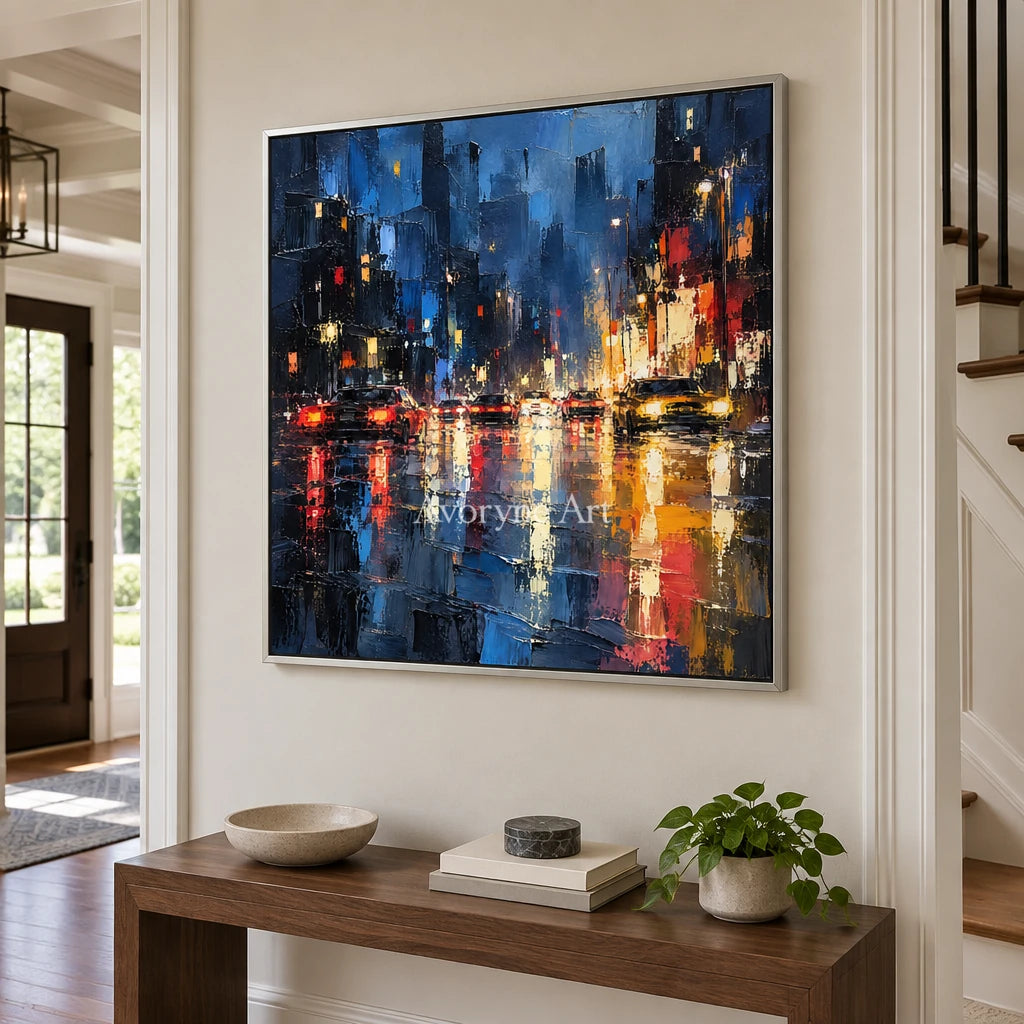 Midnight Reflections: Blue Cityscape Textured Art — entry silver