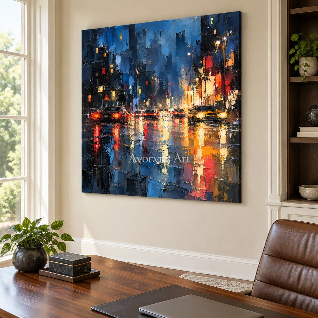 Midnight Reflections: Blue Cityscape Textured Art — office frameless