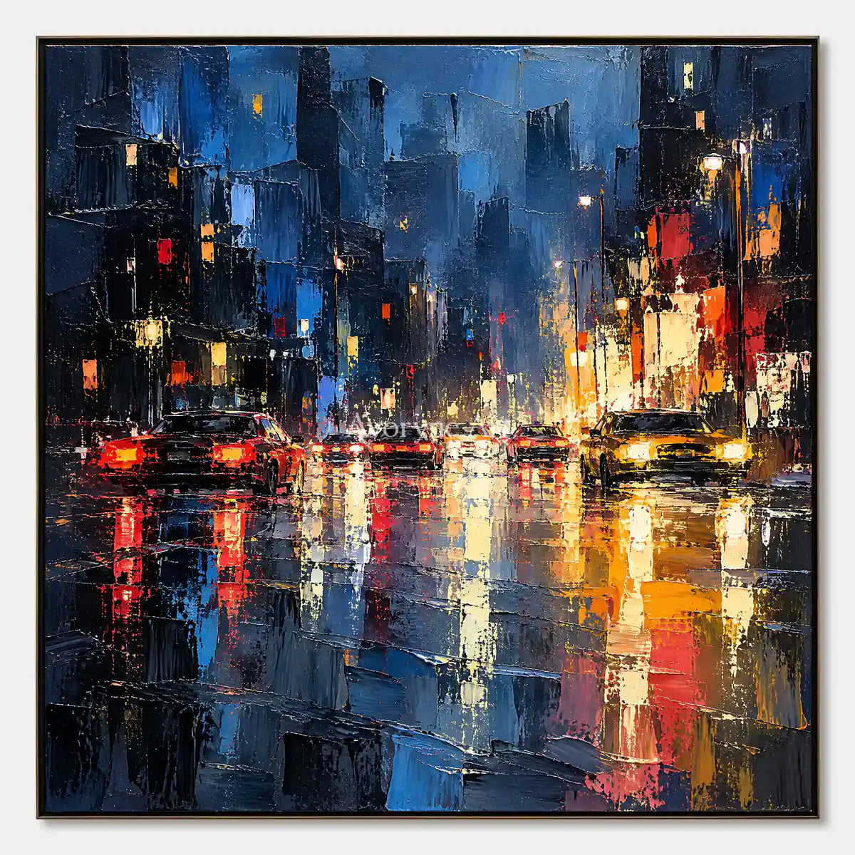 Midnight Reflections: Blue Cityscape Textured Art — primary