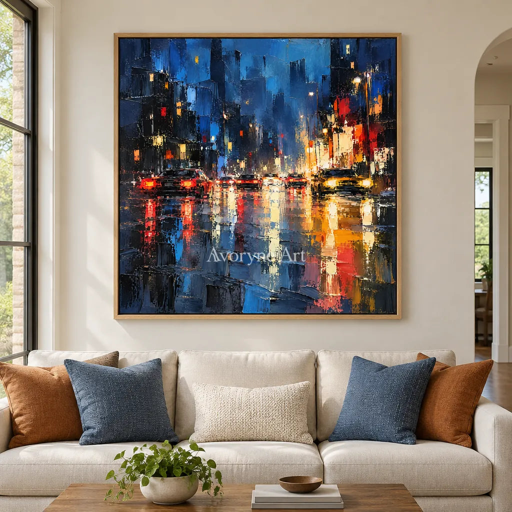 Midnight Reflections: Blue Cityscape Textured Art — villa wood