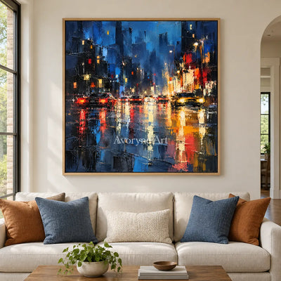 Midnight Reflections: Blue Cityscape Textured Art — villa wood