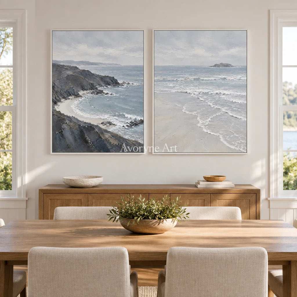 Shoreline Exchange: Blue Coastal Diptych Wall Art — dining white
