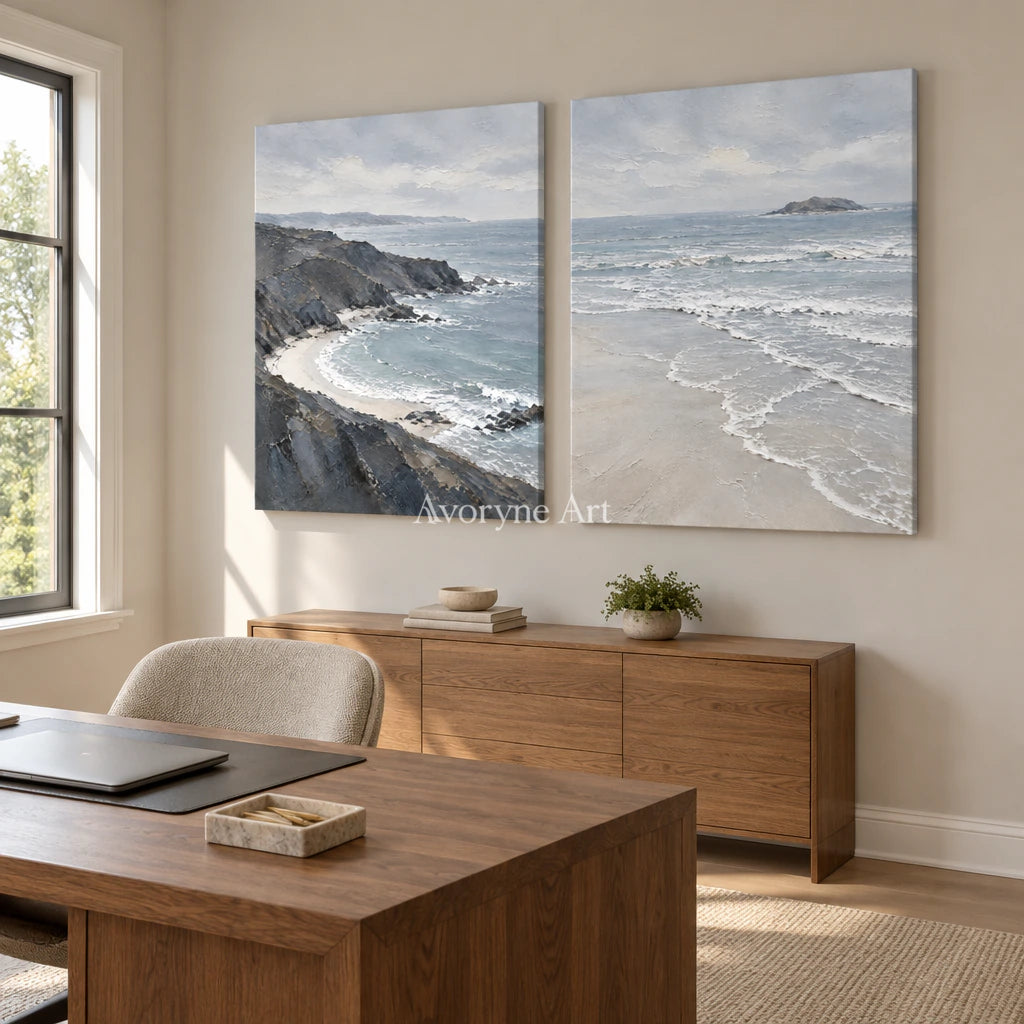 Shoreline Exchange: Blue Coastal Diptych Wall Art — office frameless