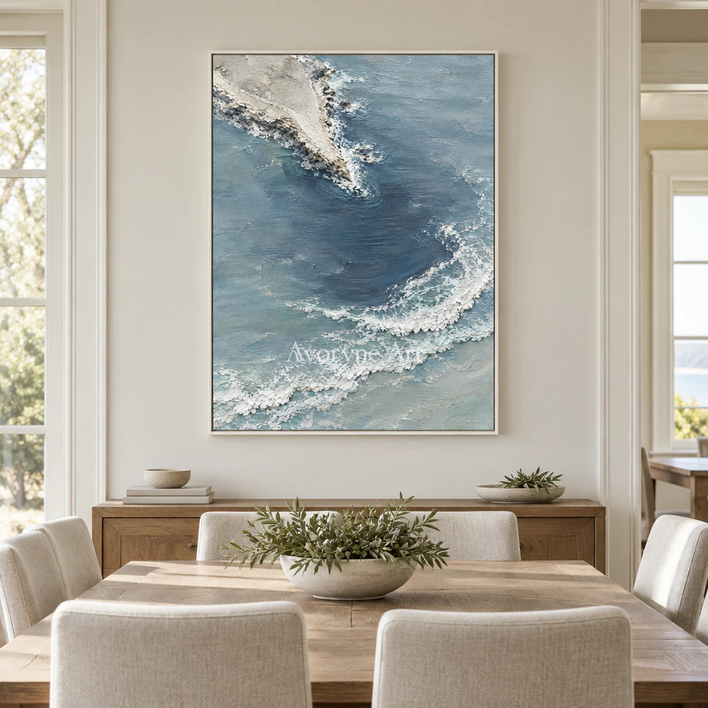 Blueward Inlet: Blue Coastal Landscape Wall Art — dining white