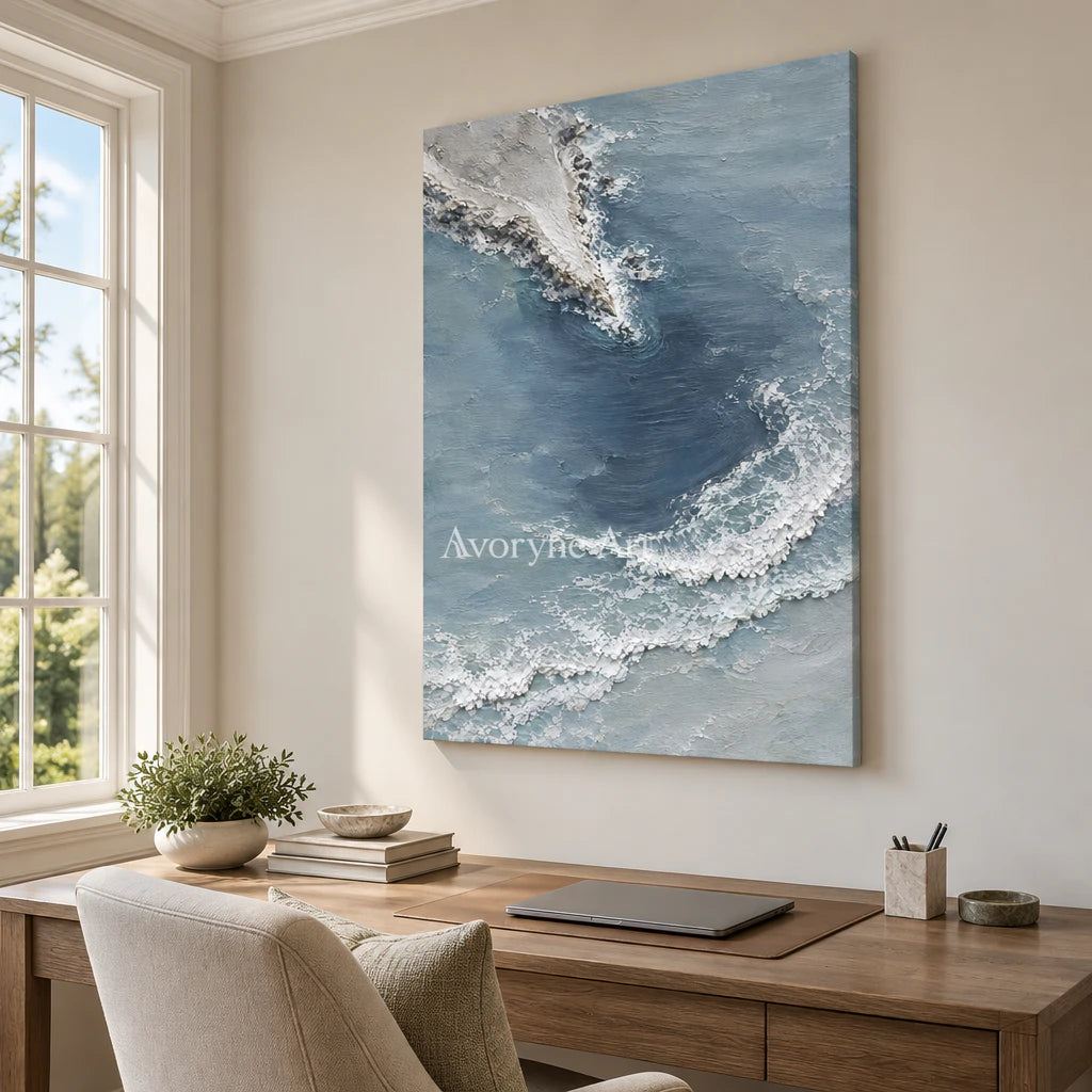 Blueward Inlet: Blue Coastal Landscape Wall Art — office frameless
