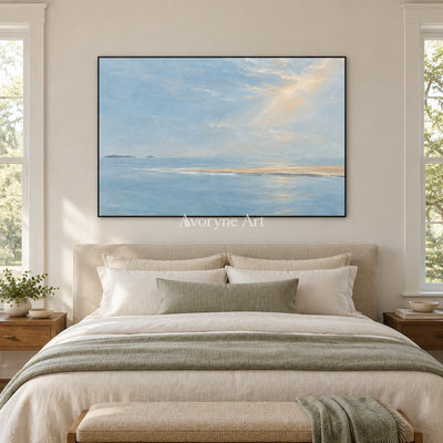 Pale Blue Reach: Blue Coastal Landscape Wall Art — bedroom black