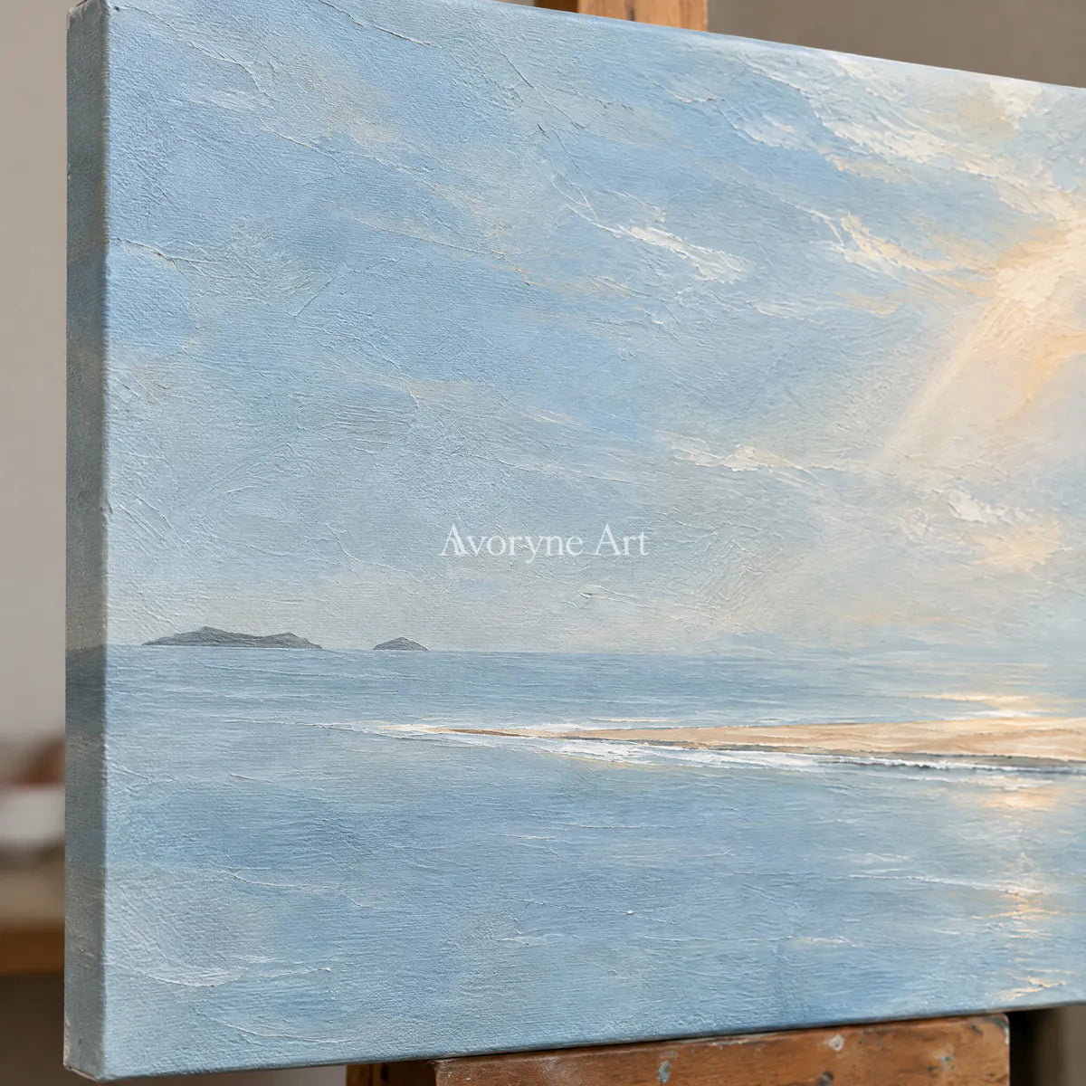 Pale Blue Reach: Blue Coastal Landscape Wall Art — detail easel
