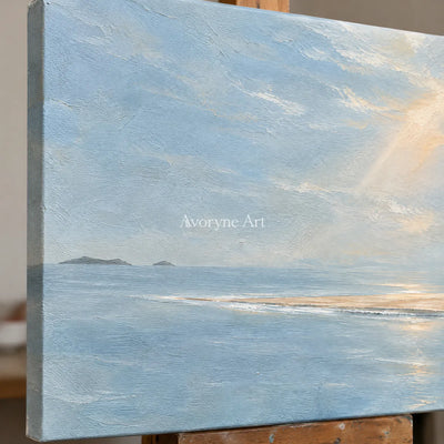 Pale Blue Reach: Blue Coastal Landscape Wall Art — detail easel