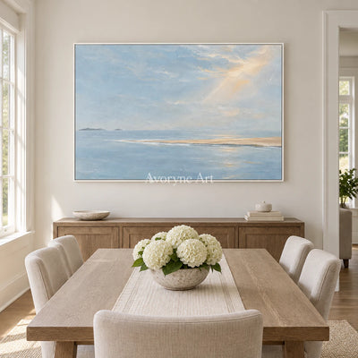 Pale Blue Reach: Blue Coastal Landscape Wall Art — dining white