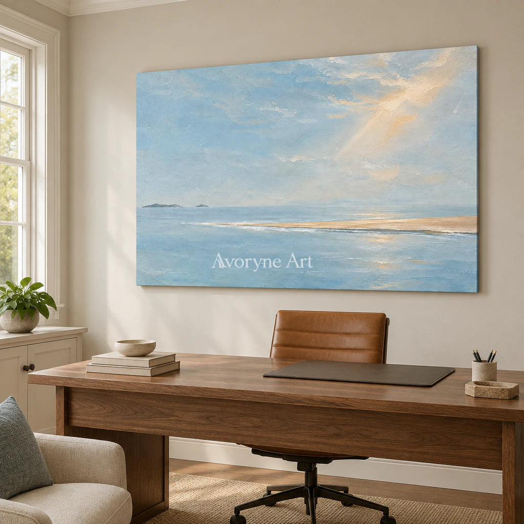 Pale Blue Reach: Blue Coastal Landscape Wall Art — office frameless