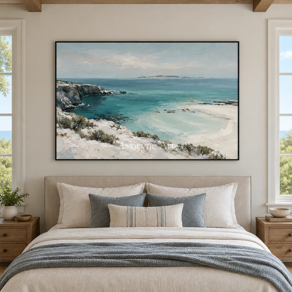 Turquoise Haven: Blue Coastal Landscape Wall Art — bedroom black
