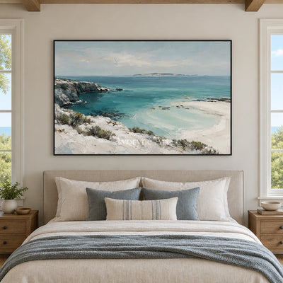 Turquoise Haven: Blue Coastal Landscape Wall Art — bedroom black