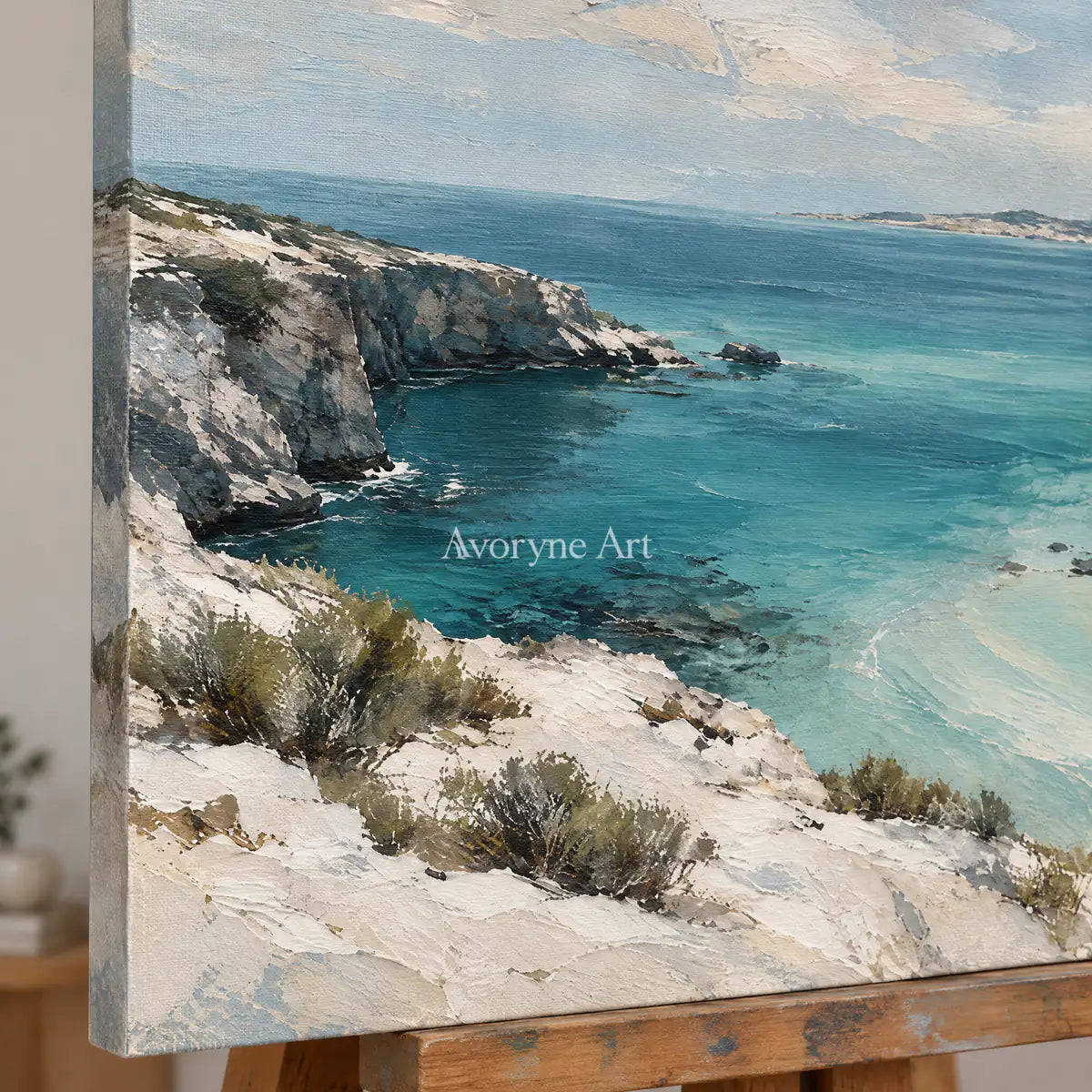 Turquoise Haven: Blue Coastal Landscape Wall Art — detail easel