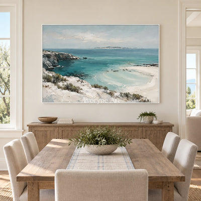 Turquoise Haven: Blue Coastal Landscape Wall Art — dining white