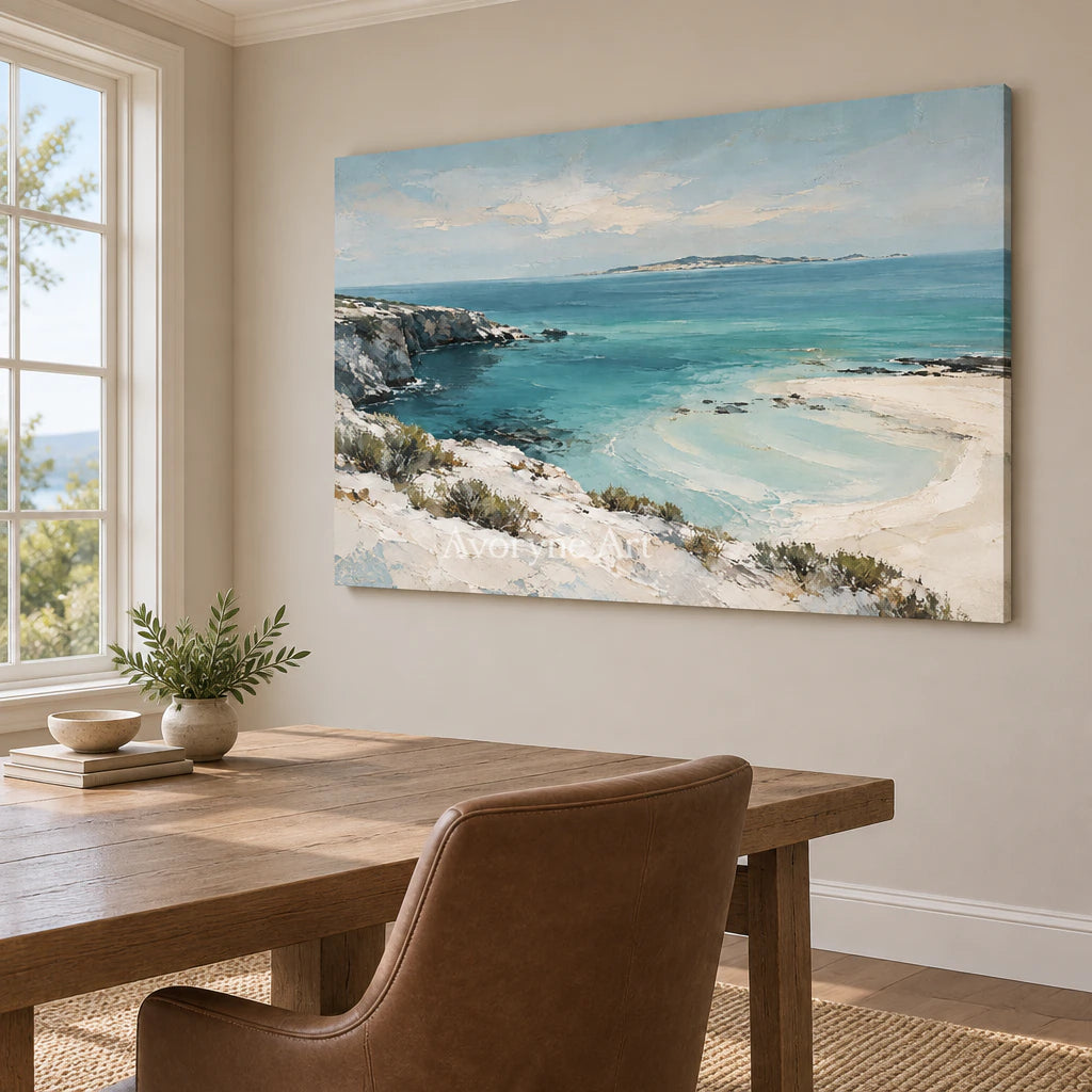 Turquoise Haven: Blue Coastal Landscape Wall Art — office frameless