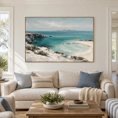 Turquoise Haven: Blue Coastal Landscape Wall Art — villa wood